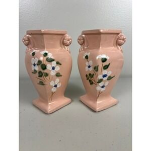 Vintage RRP Co Roseville Ohio Pink Dogwood Floral Miniature Urn Vases Set of 2